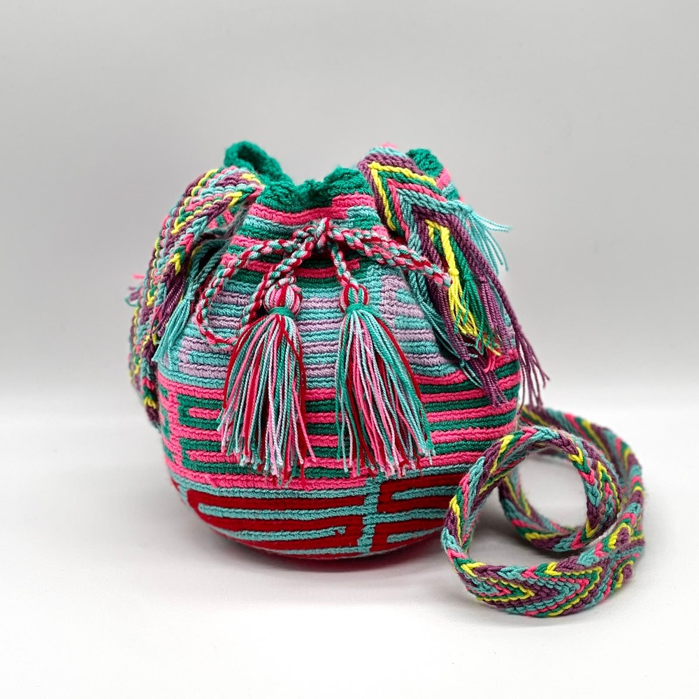 WAYUU MOCHILA Columbian Woven Bag Womens Pink Mini Crochet Tassel Boho Crossbody